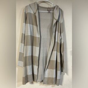 Chico’s long cardigan sweater size 3 Tan/ white buffalo plaid hooded